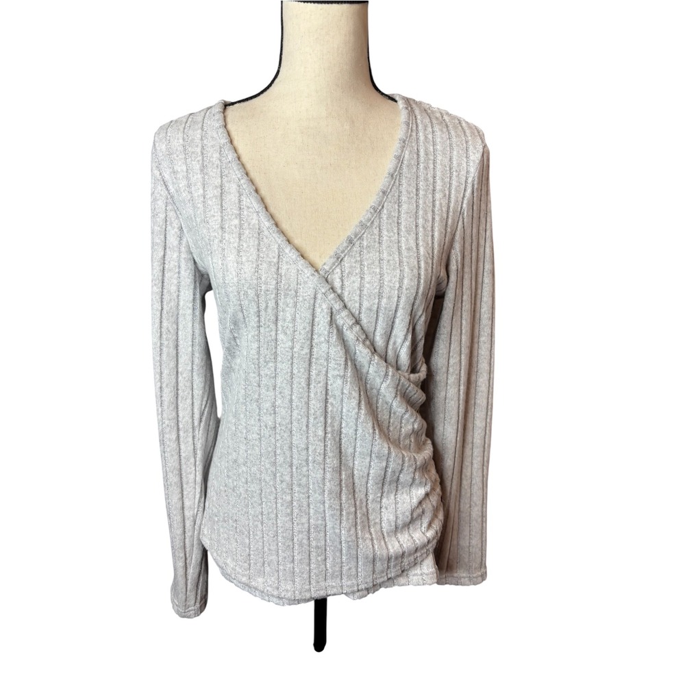 SHEIN Women Grey Ribbed Knit Surplice V-Neck Long Sleeve Wrap Top Size L